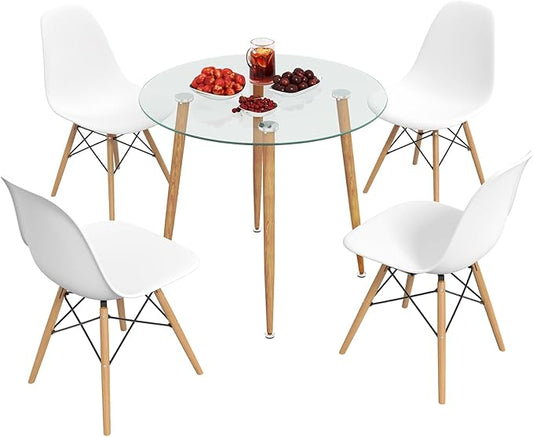 Tangkula 5-Piece Dining Table Set for 4, Kitchen Table Set with Seat, Solid Wood Legs, Metal Frames & Tempered Glass Tabletop, Round Dinner Table & 4 Chairs for Home, Natural