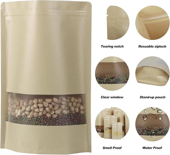 Kraft Paper 100 Pack Resealable Storage Bags with Clear Window, Stand-up, Scratch Resistant - 5.9x8.6 Inch