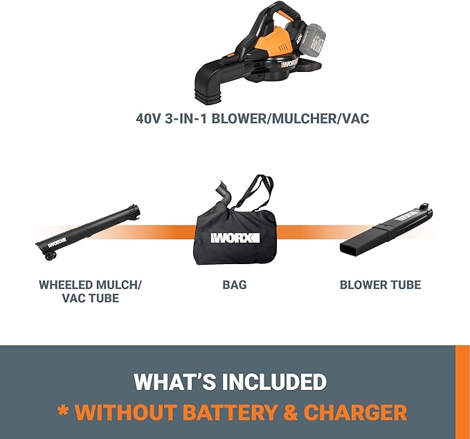 WORX WG583.9 40V Cordless Leaf Blower, 3 in 1 Blowers for Lawn Care with Vacuum & Mulcher, Electric Blower with Brushless Motor & 2 Speed Control, 2 Batteries & Charger Not Included