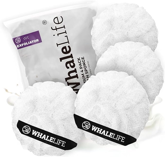 Loofah Sponge Bath Sponge for Women Men 4 Pack (White Rough Surface)