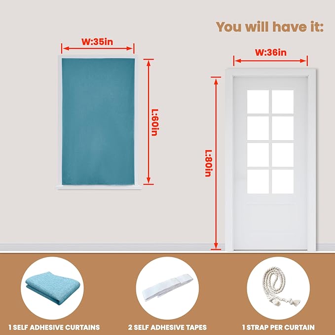 100% Blackout Curtain,Adhesive Curtain,Black Out Window Cover No Drilling Travel Kit,Perfect for Media Rooms, Dormitories and Renters (Stone Blue - W35 × L60 in)