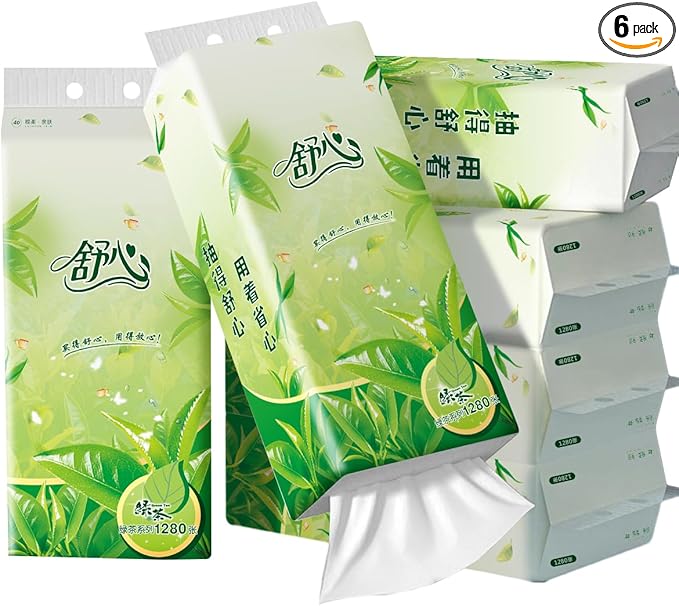 Hanging Facial Tissues with Green Tea Scent (6 Packs, 7680 Sheets Total) 4-Ply Soft Pack Paper Tissues for Home and Office - Wall Mountable & Space Saving