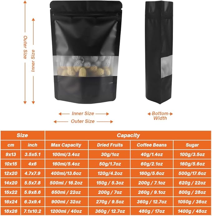 Black Smell Proof Packaging Bags,Mylar Clear Bags for Food Storage,Sealable Bag for Packaging,Stand Up Pouches with Window,ReSealable Bag for Small Business,Cookies,Candy