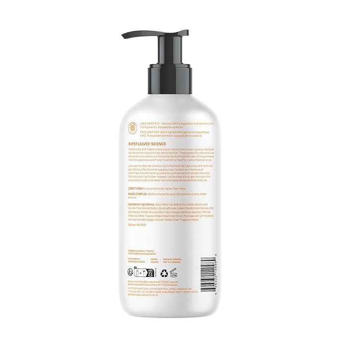 ATTITUDE Liquid Hand Soap, EWG Verified, Plant and Mineral-Based, Vegan Personal Care Products, Orange Blossom & Eucalyptus Scent, 16 Fl Oz