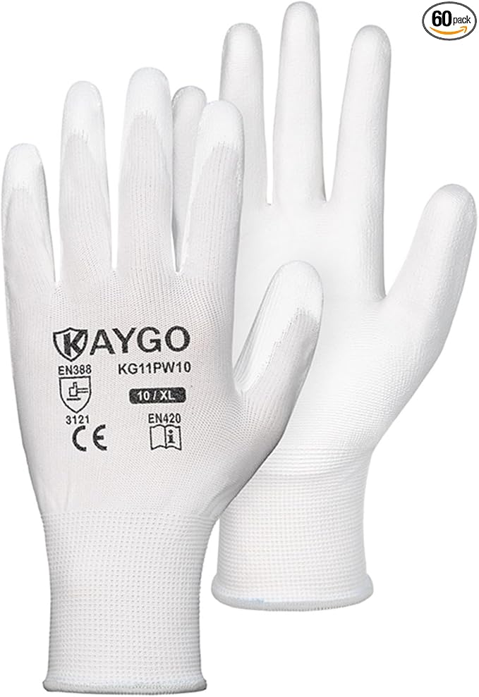 KAYGO Safety Work Gloves PU Coated-60 Pairs,KG11P Seamless Knit Glove with Polyurethane Coated Smooth Grip on Palm&Fingers, for Men and Women, Ideal for General Duty Work (X-Large, White)