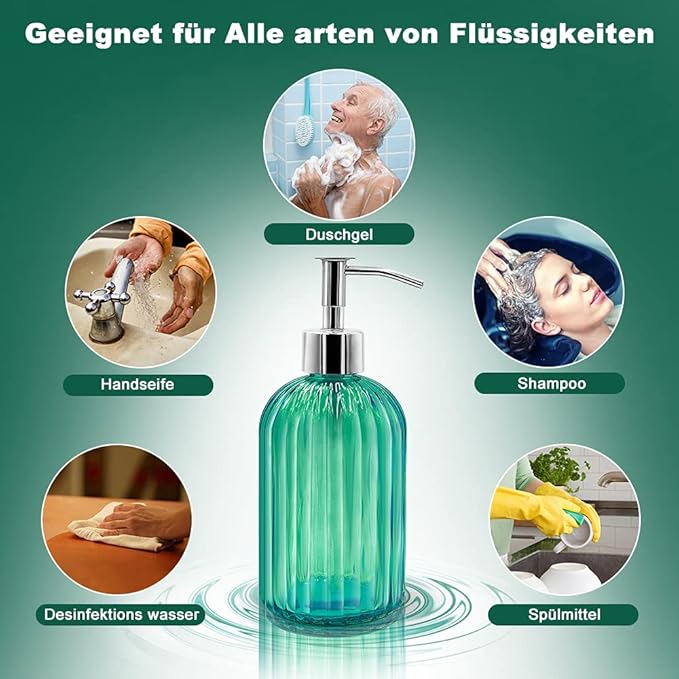 Pack of 2 Glass Soap Dispenser With Pump, 400 ml for Washing Up Liquid, Shampoo and Lotion, Refillable for Kitchen, Bathroom, Laundry Room (Green)