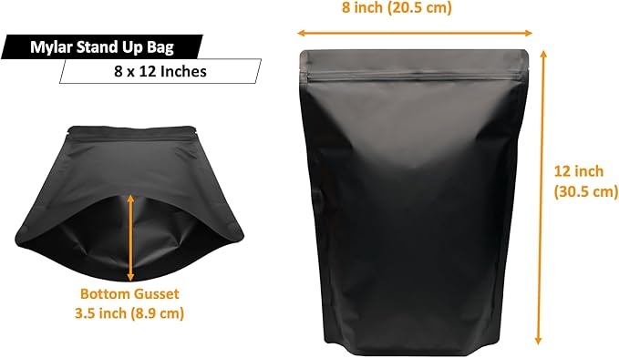 50 Pack Matte Black Stand Up Food Storage Bags – 5 Mil 8x12 Inches Resealable Food Storage Zipper Pouch Bag, Large Heat Sealable Plastic Foil Packaging Pouches