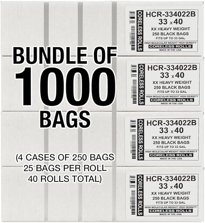 Aluf Plastics High Density Trash Bags, 33 Gallon, 1000 Count, 22 Micron (eq), 33" x 40", Black, for Bathroom, Office, Industrial, Commercial, Janitorial, Municipal, Recycling