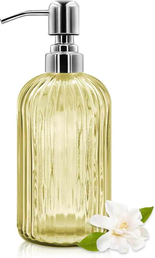 18 Oz Glass Soap Dispenser with Stainless Steel Pump, Modern Ribbed Design Refillable Liquid Soap Bottle for Bathroom, Kitchen, Hand Soap, Dish Soap, or Lotion (Yellow)