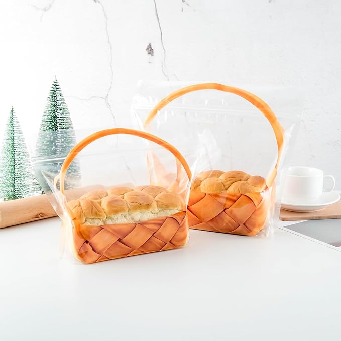 50 pcs 9 Inch Large Clear Bread Plastic Bags with Handle, Sealing Zipper Loaf Packaging with Basket Pattern for Homemade Bread Cookie, Bakery Cafe