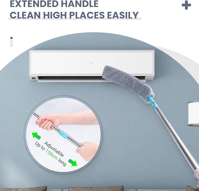 Retractable Gap Dust Cleaner with 4 Reusable Dusting Cloths, Wet & Dry Sweeper Stick Dusters, Bendable Flexible Duster with Extension Pole for Gap Cleaning Under Appliances Furniture (Extra Long)