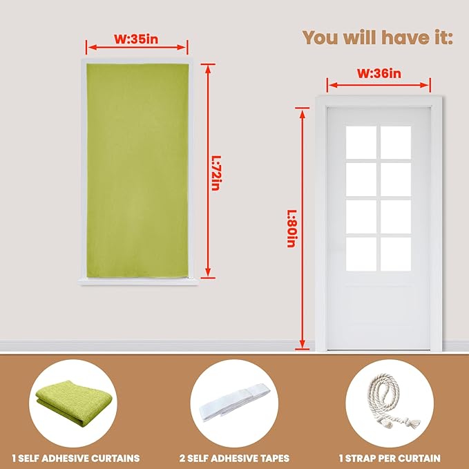 100% Blackout Curtain,Adhesive Curtain,Black Out Window Cover No Drilling Travel Kit,Perfect for Media Rooms, Dormitories and Renters (Fruit Green - W35 × L72 in)