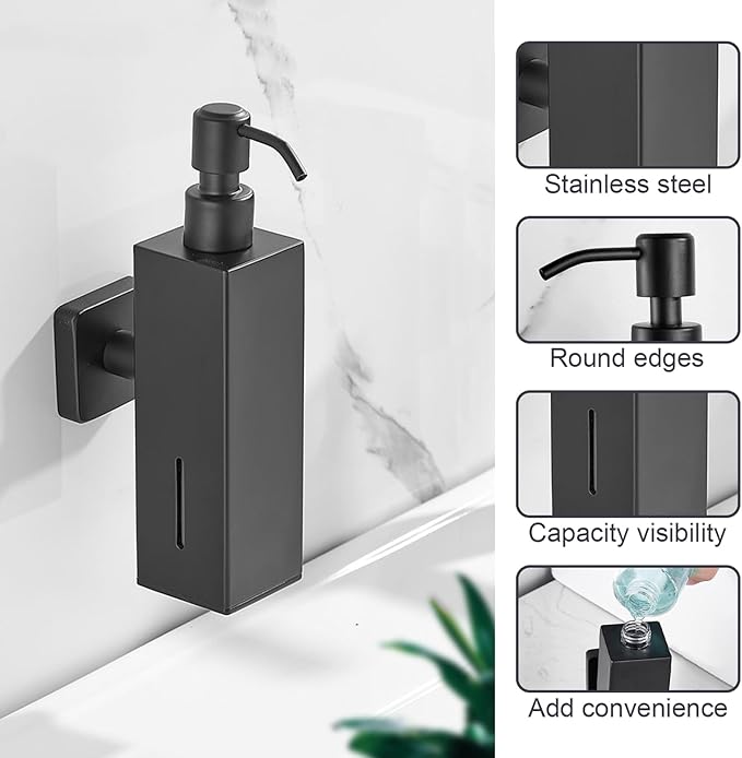 Soap Dispenser Stainless Steel Wall Mounted with Pump Drill-Free Rustproof Shower Soap Dispenser for Kitchen Bathroom Black Square