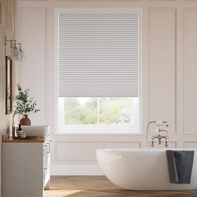 SelectBlinds Cordless Blackout Cellular Shades – No-Drill or Drill Mount – Maximum Darkness & Energy Efficiency – Any Size 13-84” W x 12-84” H, 4 Color Choices, Inside or Outside Mount (Ice Gray)