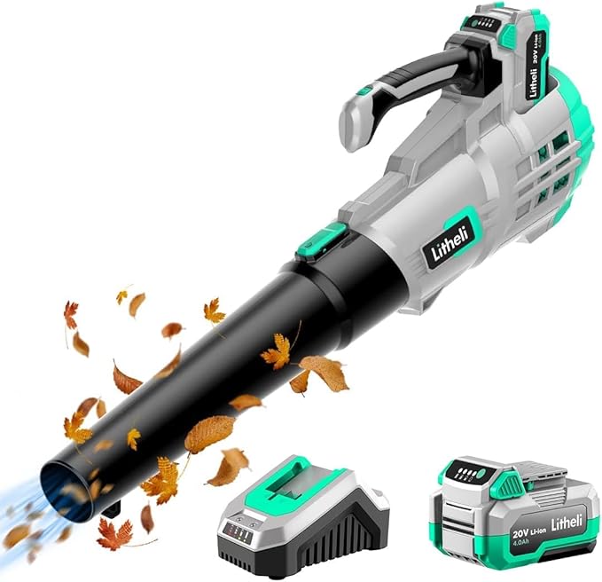 Litheli 20V Cordless Leaf Blower, 350 CFM 85 MPH Battery Leaf Blower, Variable Speeds Leaf Blowers for Cleaning Leaves, Dust, Snow, Lawn, Yard, 4.0Ah Battery & Fast Charger