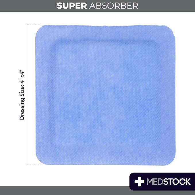MEDSTOCK Super Absorber Dressing, 4"x4" (Pack of 10), Wound Care, Ultimate Absorption, Holds Extra Volumes of Exudate, Less Frequent Dressing Changes, Reduces Damage Risk & Maceration