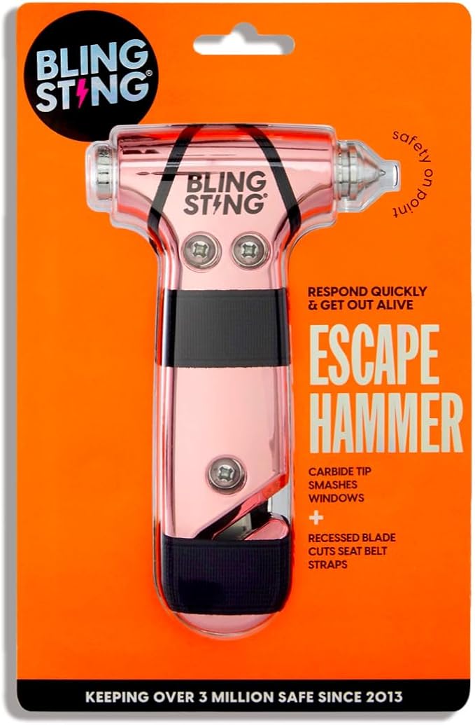 BLINGSTING Safety Hammer - Emergency Automotive Escape Tool with Window Breaker, Seat Belt Cutter & Adjustable Car Visor Strap - Tempered Glass Breaker - Steel Blade - Blush Rose Pink (1 Count)