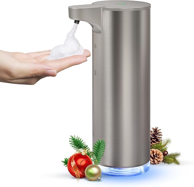 Automatic Foaming Soap Dispenser, Rechargeable Touchless Foam Hand Soap Dispenser for Bathroom, Stainless Steel Soap Pump for Kitchen, Water-Resistant, Xmas Gift 9oz
