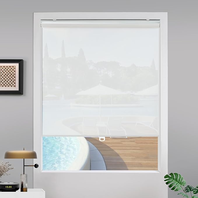 Cordless Roller Shades for Windows,Light Filtering Pull Down Blinds,Solar Screen Door Blinds,Flame Retardant UV Protection Fabric for Home Office (53" W x 72" H,Solar White)