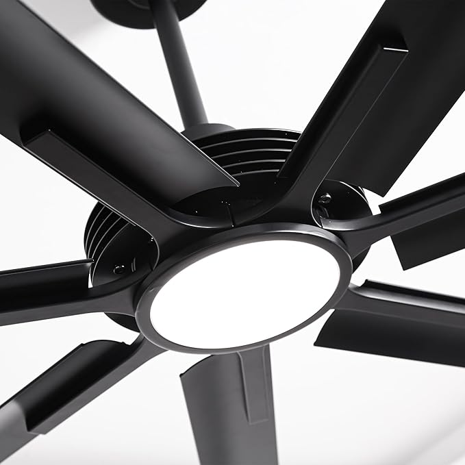 Industrial Ceiling Fans with Lights and Remote, 84 Inch Black Large Ceiling Fan with Dimmable Light, Outdoor Ceiling Fans for Patio, Living Room, Garage, 6-Speed Reversible DC Motor, 7 Aluminum Blades