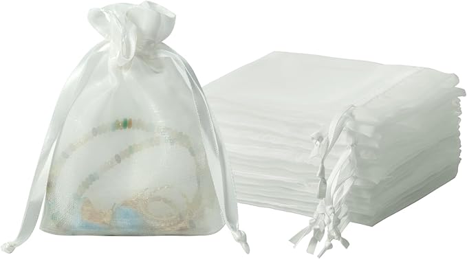 QIANF 20 Pcs White Small Organza Bags 4X6 inch for Wedding Favors with Drawstring, Mini Mesh Gift Bags Jewelry Pouch for Candy Bridal Shower Party Favor Baby Shower Christmas