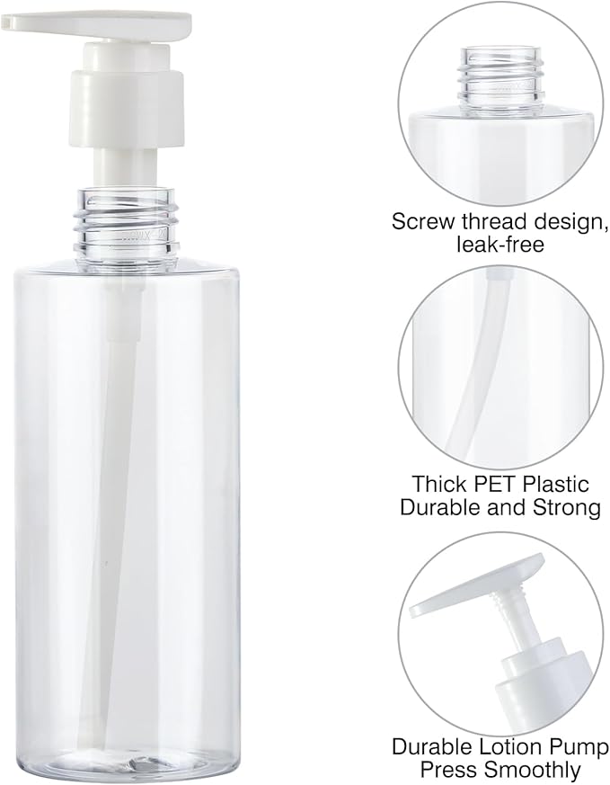 Plastic Pump Bottle Dispenser, BPA-Free Clear Refillable Empty Containers,2 Pack Portable Hand Pump Bottles Dispenser for Lotion Shampoo Conditioner