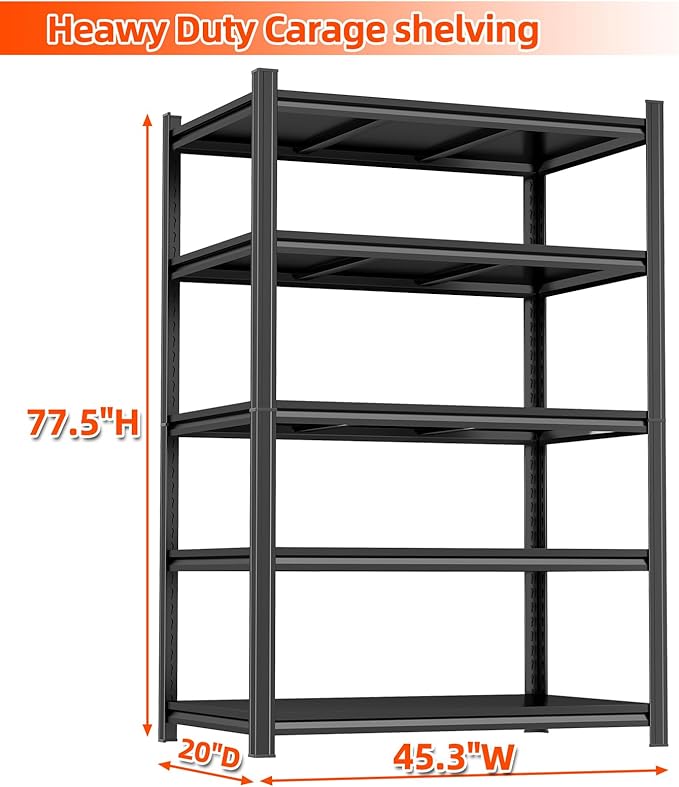 78" H Metal Garage Shelving Unit, Heavy Duty 5-Tier Adjustable Storage Shelves, Steel Shelving, 2500 lbs Capacity, Industrial Shelves for Basement and Warehouse, Pantry Closet, Workshop, Black
