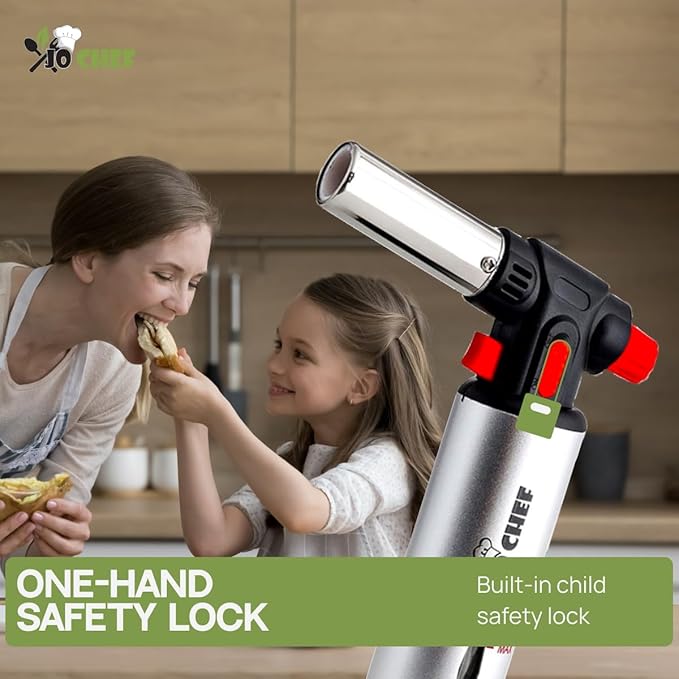 Jo Chef Kitchen Torch with Butane Included – Refillable Lighter with Safety Lock & Adjustable Flame, Blow Culinary Torch for Cooking, BBQ, Creme Brulee, DIY and Soldering - 1 Can (3.38oz) Included
