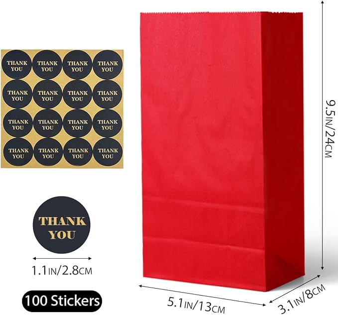 Bakepacker 100 Pcs Red Treat Paper Bags with 100 Stickers 5.1"x3.1"x9.4" Small Party Gift Bag Snack Bag without Handle