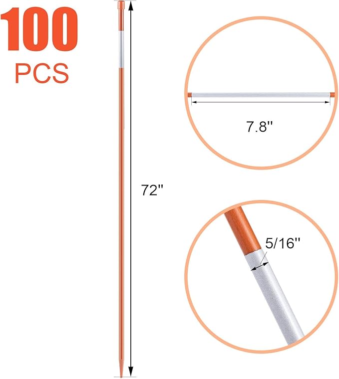 CZC AUTO 100PCS 72 Inch Driveway Marker Reflectors 5/16 Inch Dia Orange Fiberglass Snow Stakes with Reflective Tape for Easy Visibility Reflective Driveway Poles for Snow Plowing with Gloves&Drill Bit