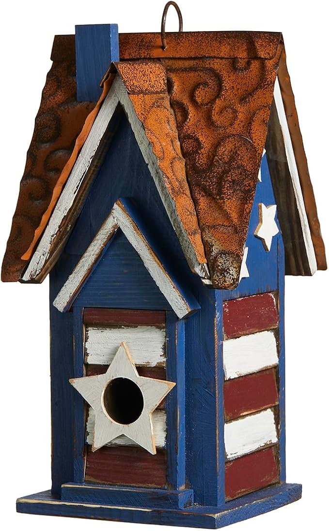 Glitzhome 12.25" H Patriotic Distressed Birdhouse for Outdoors, Solid Wood Villa Decorative Pet Cottage Outdoor Hanging Birdhouse with 3D Star for Garden Patio Backyard