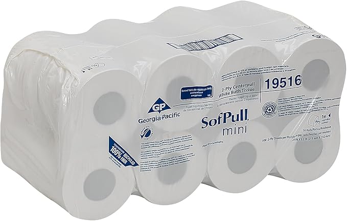 Georgia-Pacific SofPull Centerpull 2-Ply Mini Toilet Paper by GP PRO, 19516, 500 Sheets Per Roll, 16 Rolls Per Case, White