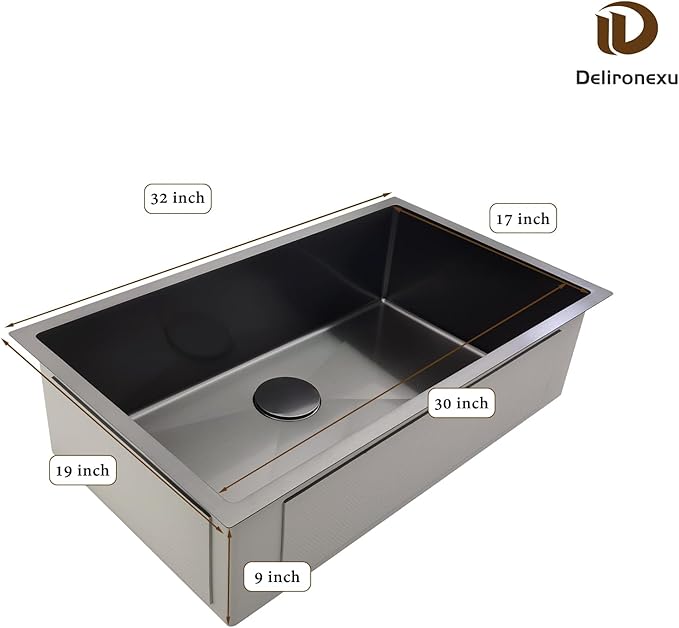 32 Inch Black Kitchen Sink Undermount - Delironexu Undermount Kitchen Sink Black, 16 Gauge Stainless Steel Sinks Single Bowl, 32''x19'' black Stainless Steel sink with 4 Accessories