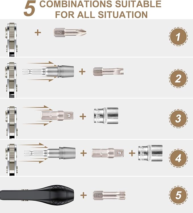 54in1 S2 Steel Mini Ratchet Wrench Screwdriver Bit Set with 1/4" Hex Shank Bits, 1/4" Drive Socket, Socket Adapter, Extension Bit Holder, 36-Tooth, 90 Degree Offset Reversible Drive Handle