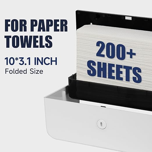 AIKE Wall Mount Paper Towel Dispenser, Fit Multifold Paper Towel Folded Size 10"x3.1" or Smaller, 200 Sheets Capacity White Finish