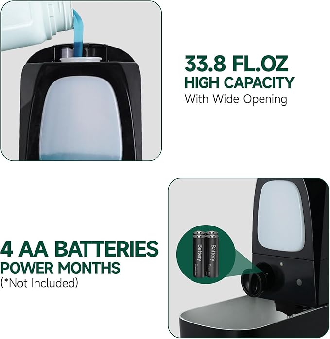 Commercial Automatic Soap Dispenser Large 34oz/1000ml Capacity Wall-Mounted Touchless Liquid Dispenser for High-Traffic Restrooms, Offices, Hospitals Model 1220S Black