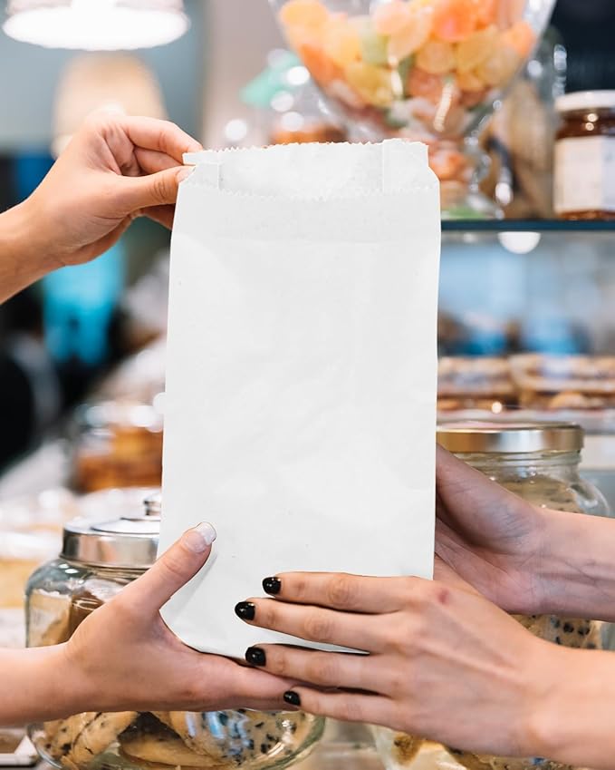 Bakepacker 100 Pcs White Treat Paper Bags with 100 Stickers 5.1"x3.1"x9.4" Small Party Gift Bag Snack Bag without Handle