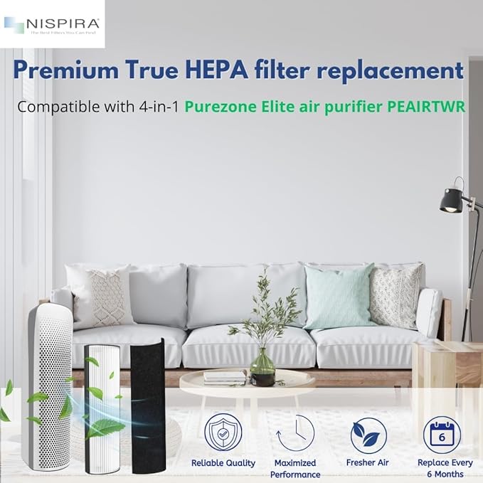 Nispira 2-in-1 True HEPA Replacement Filter PETWRFIL For Pure Enrichment PureZone Elite 4-IN-1 Tower Air Purifier PEAIRTWR (HEPA + 4-PreFilter, 2 PK)