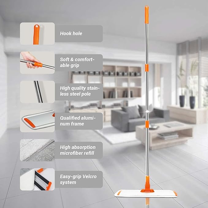 17.5" Microfiber Mop – Floor Flat Mop with 51" Adjustable Stainless Steel Handle, 4 Reusable Pads for Wet & Dry Mopping on Hardwood, Tile, Laminate & Vinyl Floors