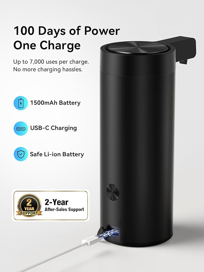 SUNLY Touchless Automatic Soap Dispenser – Clog-Free Pump, 0.2s Fast Sensor, USB-C Rechargeable, Smudge-Resistant Stainless Steel, for Kitchen & Bathroom Soap Dispenser, Black