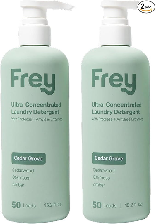 FREY Concentrated Liquid Laundry Detergent | Formulated for Sensitive Skin & HE Washers | Removes Stains Effectively | 50 Loads per Bottle (2-pack Cedar Grove)