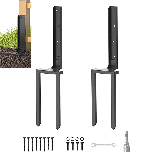 Fence Post Repair Kit 2 Pcs, Post Stake Double Ground Spike with Black Powder-Coated for Repair Tilted/Broken Wood Fence Post