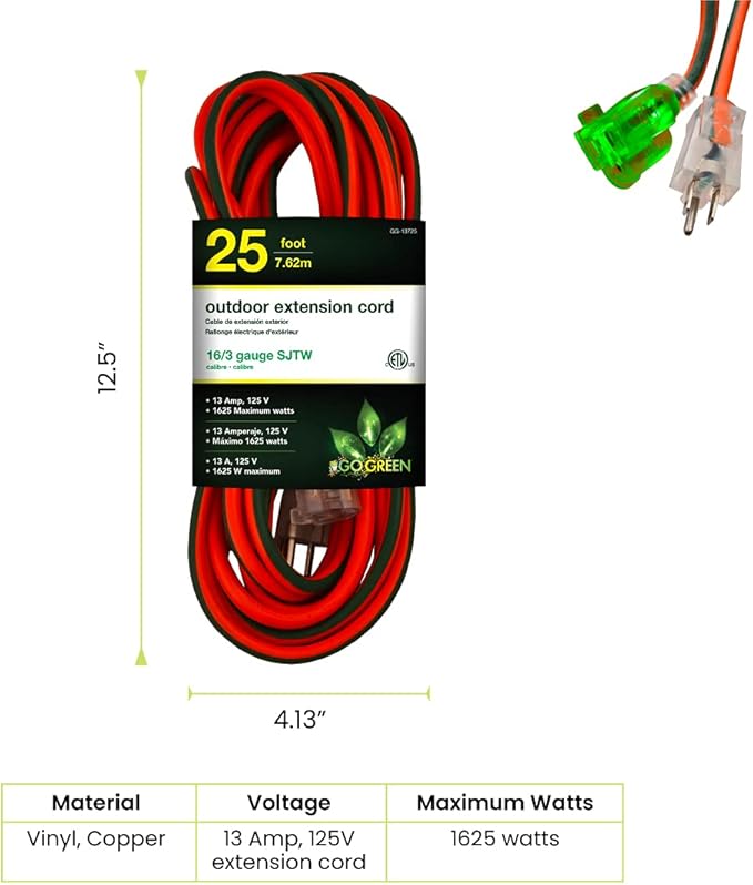 Go Green Power Inc. 16/3 25ft Outdoor Extension Cord with Lighted End - Contractor Grade, Durable, and Moisture Resistant - Ideal for Heavy Duty Tools - GG-13725 (Pack of 12)