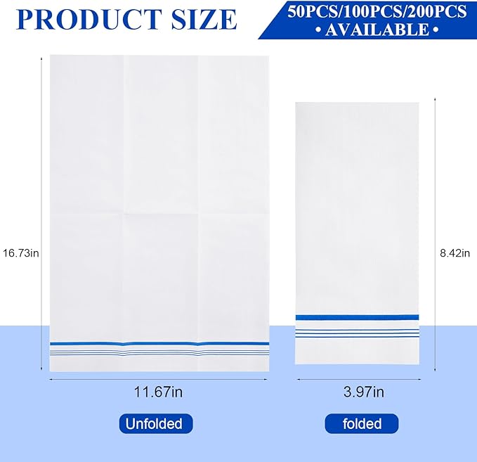 100 Disposable Paper Hand Towels for Bathroom, Linen Feel Guest Towels, Soft and Absorbent Paper Towels Napkins Bulk for Home Dinner Kitchen Wedding, 12" x 17"(Blue Trim Lined)