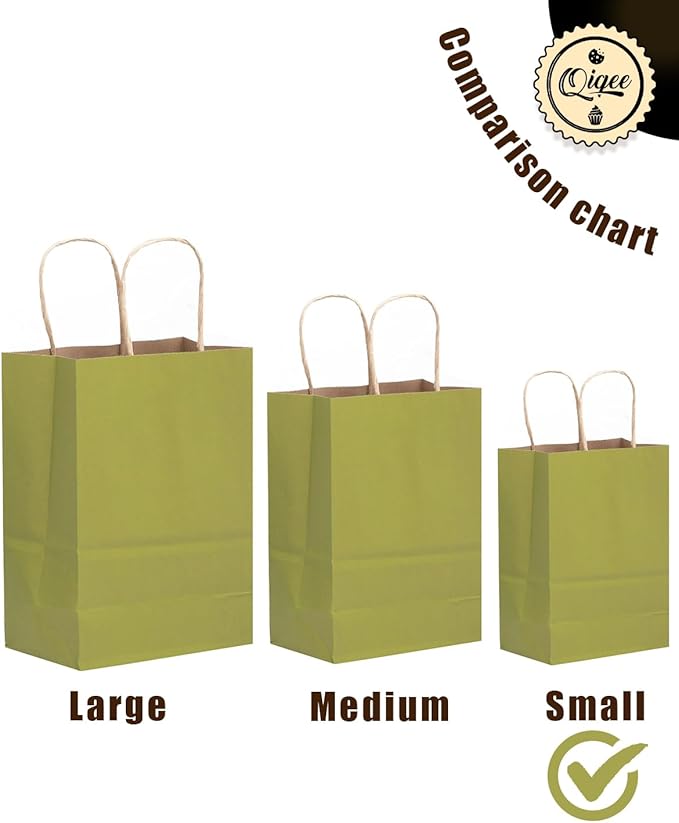 qiqee 32-Packs Forest Green Paper Gift Bags with Handles Bulk 8.26"×6"×3.15" Small Size Gift Bags Multiple Uses（Small Size）