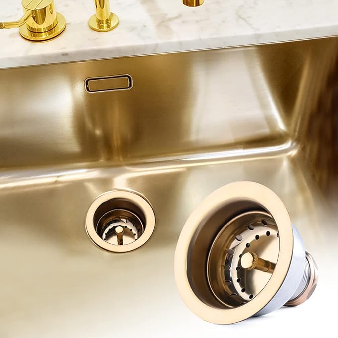 3-1/2 Deep Cup Kitchen Sink Drain Assembly, 304 Stainless Steel Construction with Fixed Post Basket and Long Extended Shank/CAS Approved and Venetian Gold Finish