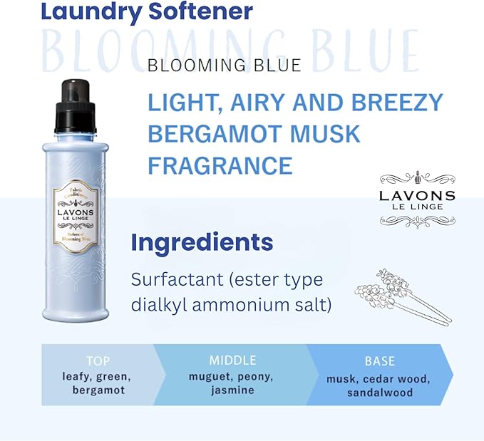 LAVONS Natural Fabric Conditioner for Sensitive Skin, Plant-Based Laundry Softener for Baby & Pet, Reduces Fabric Wrinkles, Long-Lasting Scent & Odor Control from Japan, BLUE BLOOMING, 20.3 Fl Oz