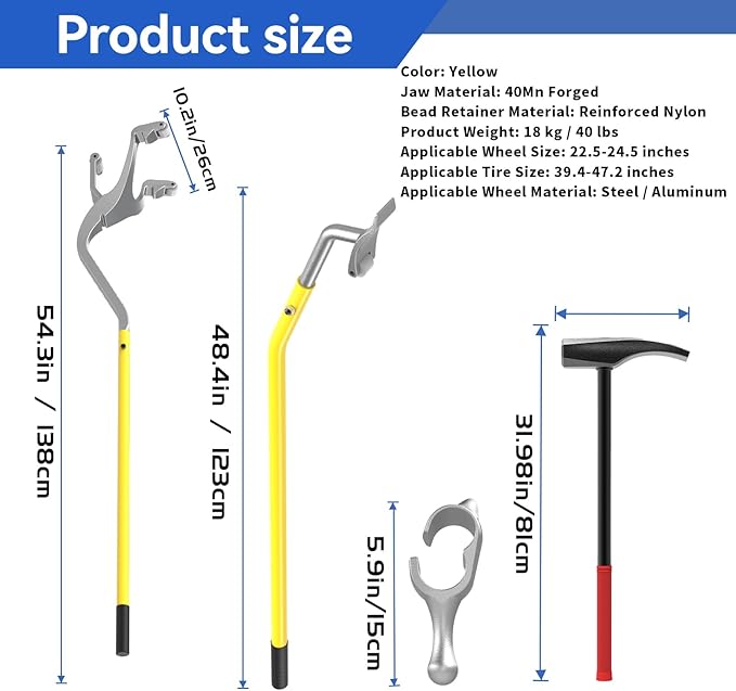 Steel Tire Mount Demount Tool 22.5" to 24.5" Semi Tire Changing Tool to Tire Hammer with Extra Bead Keeper, Tubeless Truck Bead Breaker Manual Tire Changing Tools for Car Repairing