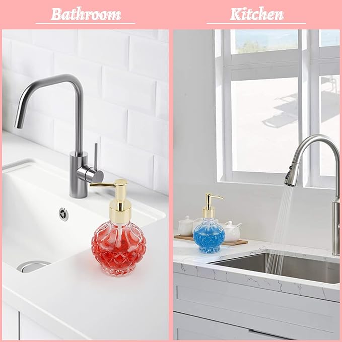 Glass Hand Soap Dispenser Bathroom with Rust Proof Pump for Kitchen Dish Soap, Hand Soap, Essential Oil & Lotion (New Gold)