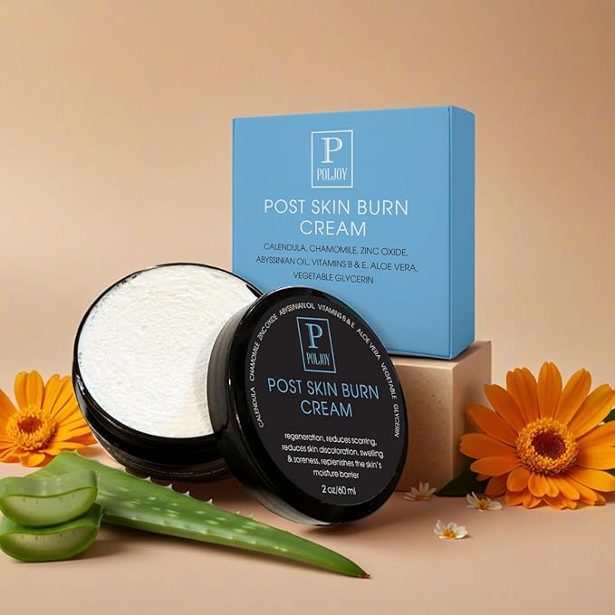 Post Skin Burn Cream, Sunburn Cream for First Aid Treatment, Hydrates & Repairs Skin with Aloe Vera, Shea Butter, Zinc Oxide, Calendula, Coconut Oil & Vitamins B&E, Kitchen & Travel Use